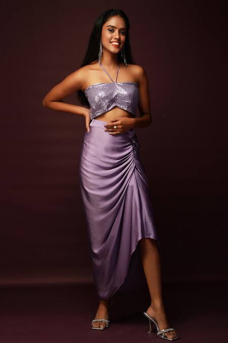 Ranng Label_Purple Luxury Satin And Net Halter Neck Bralette & Dhoti Skirt Set _Online_at_Aza_Fashions
