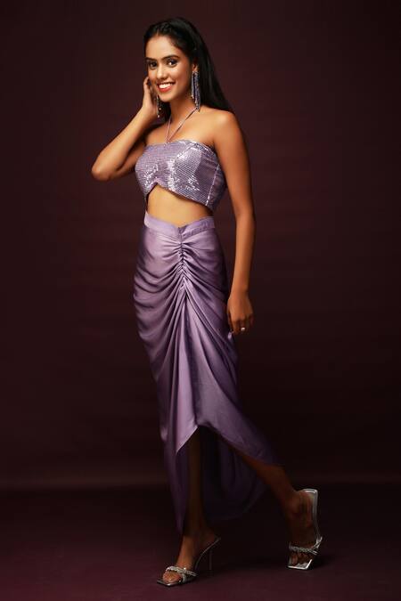 Buy_Ranng Label_Purple Luxury Satin And Net Halter Neck Bralette & Dhoti Skirt Set _Online_at_Aza_Fashions