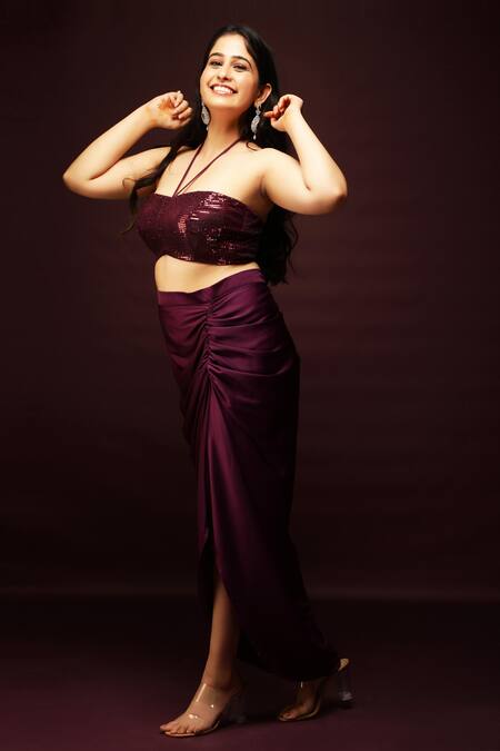 Ranng Label_Wine Luxury Satin And Net Halter Neck Bralette & Dhoti Skirt Set _Online_at_Aza_Fashions
