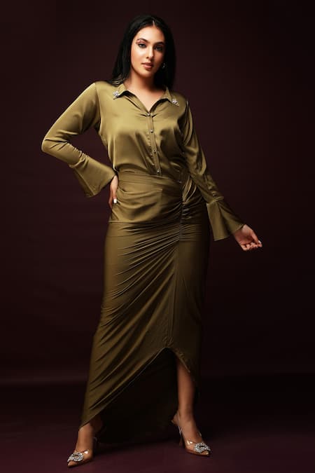 Ranng Label Spread Collar Shirt & Dhoti Skirt Set 