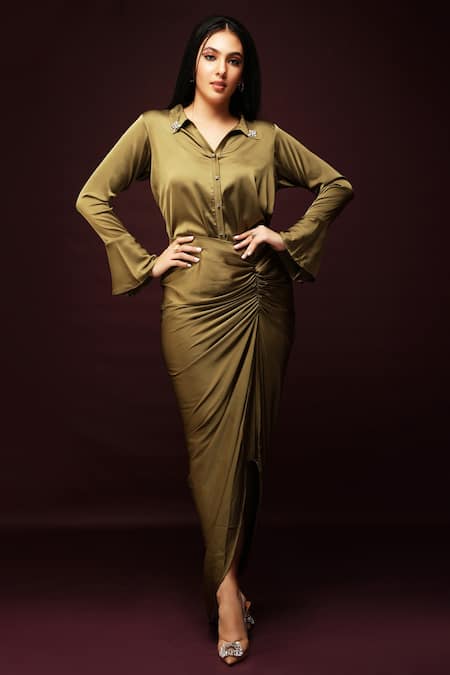 Shop_Ranng Label_Green Luxury Satin Crystals Spread Collar Shirt And Dhoti Skirt Set _at_Aza_Fashions