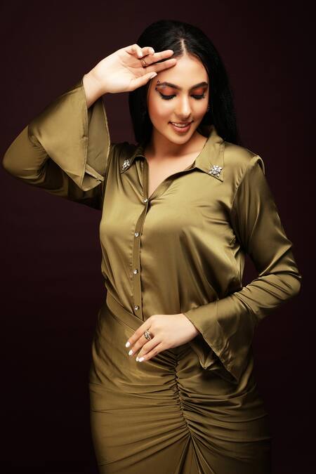 Buy_Ranng Label_Green Luxury Satin Crystals Spread Collar Shirt And Dhoti Skirt Set _Online_at_Aza_Fashions