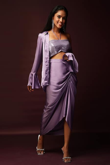 Shop_Ranng Label_Purple Luxury Satin Crystals Spread Collar Shirt And Dhoti Skirt Set _at_Aza_Fashions