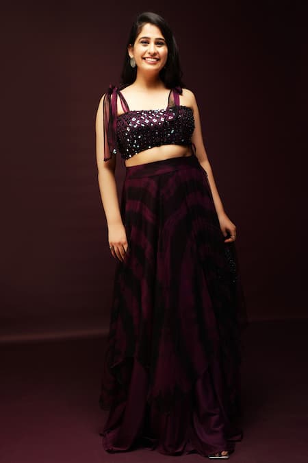 Ranng Label Purple Luxury Satin Tie Dye And Embroidery Sequin Sweetheart Blouse & Lehenga Set 