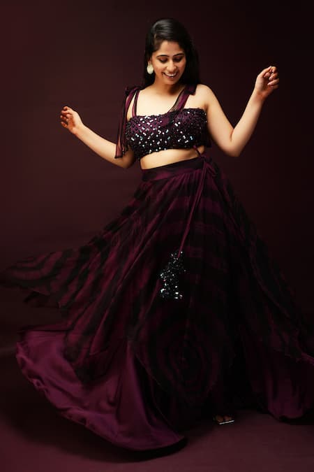 Shop_Ranng Label_Purple Luxury Satin Sequin Sweetheart Neck Embroidered Blouse And Lehenga Set _at_Aza_Fashions