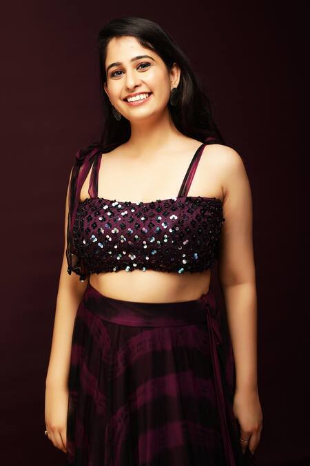 Ranng Label_Purple Luxury Satin Sequin Sweetheart Neck Embroidered Blouse And Lehenga Set _Online_at_Aza_Fashions