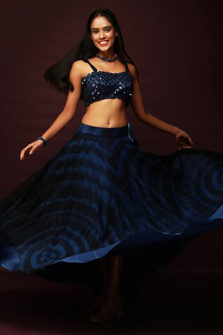 Ranng Label_Blue Luxury Satin Sequin Sweetheart Neck Embroidered Blouse And Lehenga Set _Online_at_Aza_Fashions