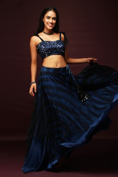 Ranng Label Blue Luxury Satin Sequin Sweetheart Neck Embroidered Blouse And Lehenga Set 