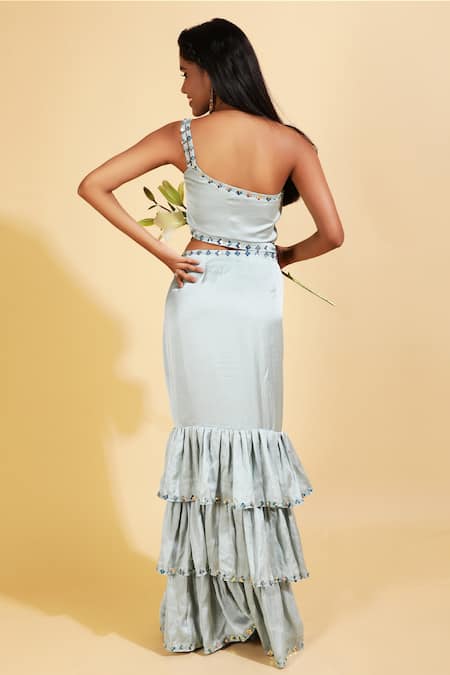 Shop_Ranng Label_Green Silk Satin Sequin One Shoulder Tiered Dress _at_Aza_Fashions