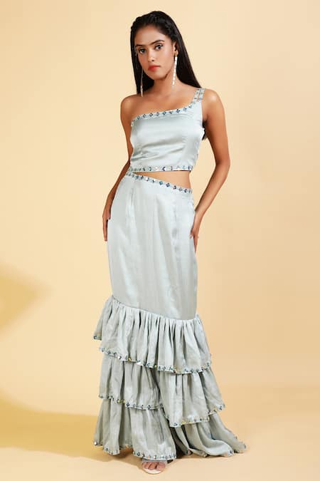 Ranng Label_Green Silk Satin Sequin One Shoulder Tiered Dress _Online_at_Aza_Fashions