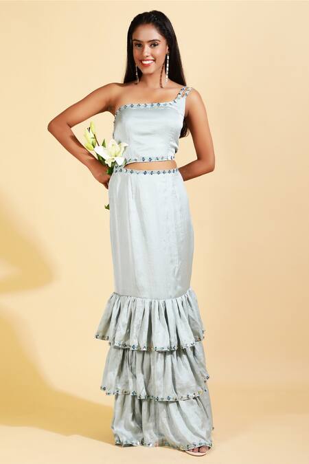 Buy_Ranng Label_Green Silk Satin Sequin One Shoulder Tiered Dress _Online_at_Aza_Fashions