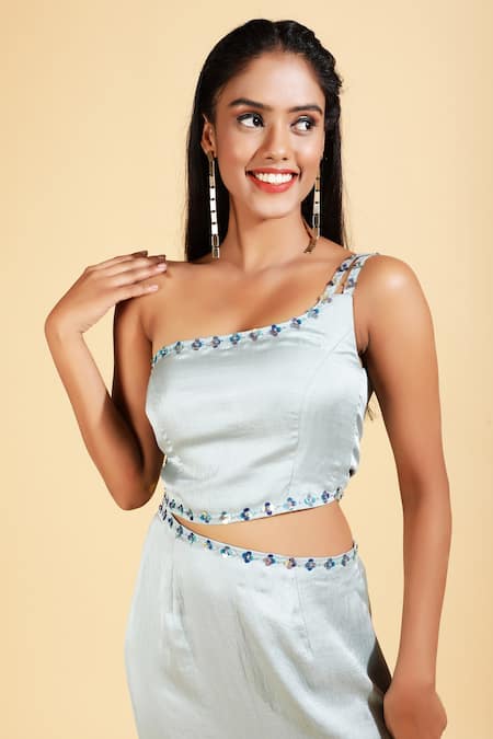 Shop_Ranng Label_Green Silk Satin Sequin One Shoulder Tiered Dress _Online_at_Aza_Fashions