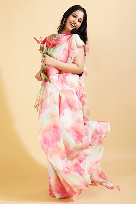 Shop_Ranng Label_Pink Organza Satin Print And Embroidery Sequin High Pre-draped Saree With Blouse _Online_at_Aza_Fashions