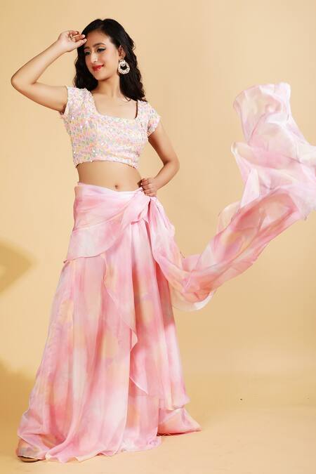 Ranng Label_Pink Organza Satin Sequin Square Neck Pre-draped Saree With Blouse _Online_at_Aza_Fashions