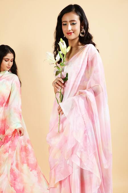 Buy_Ranng Label_Pink Organza Satin Sequin Square Neck Pre-draped Saree With Blouse _Online_at_Aza_Fashions
