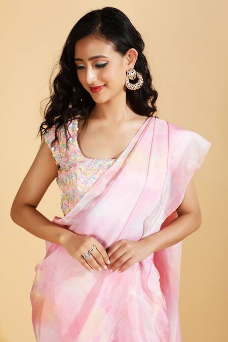 Shop_Ranng Label_Pink Organza Satin Sequin Square Neck Pre-draped Saree With Blouse _Online_at_Aza_Fashions