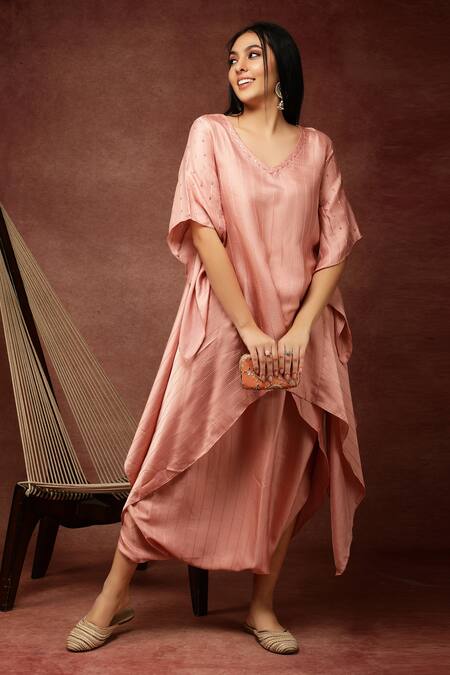 Ranng Label_Pink Semi Silk Satin Sequin V Neck Striped Kurta And Dhoti Pant Set _Online_at_Aza_Fashions