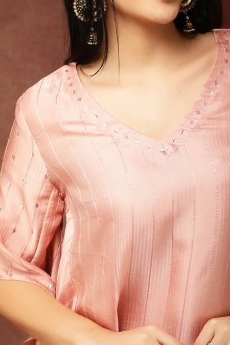 Shop_Ranng Label_Pink Semi Silk Satin Sequin V Neck Striped Kurta And Dhoti Pant Set _Online_at_Aza_Fashions
