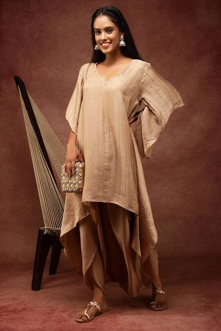 Ranng Label_Brown Semi Silk Satin Sequin V Neck Striped Kurta And Dhoti Pant Set _Online_at_Aza_Fashions