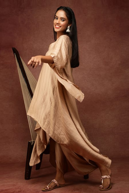 Buy_Ranng Label_Brown Semi Silk Satin Sequin V Neck Striped Kurta And Dhoti Pant Set _Online_at_Aza_Fashions