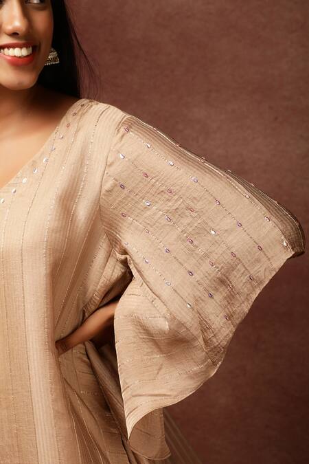 Shop_Ranng Label_Brown Semi Silk Satin Sequin V Neck Striped Kurta And Dhoti Pant Set _Online_at_Aza_Fashions