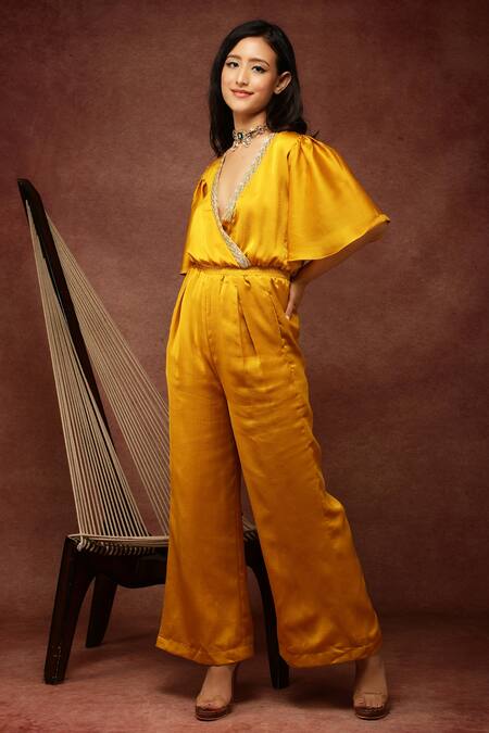 Ranng Label_Yellow Semi Silk Satin V Neck Neckline Embroidered Jumpsuit _Online_at_Aza_Fashions