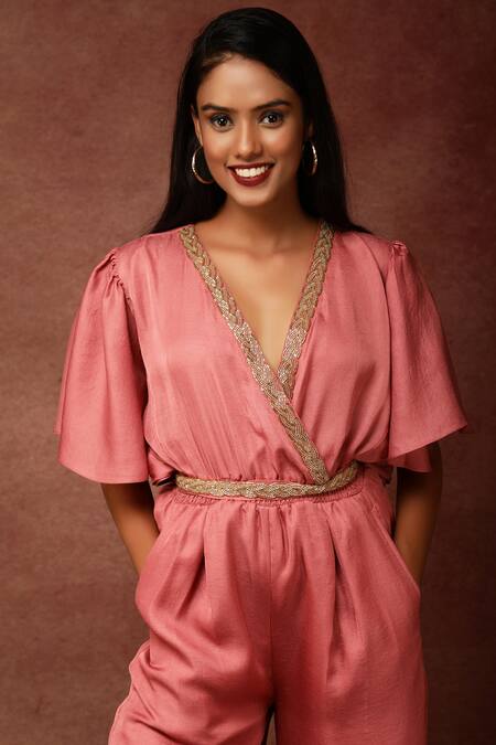 Buy_Ranng Label_Pink Semi Silk Satin V Neck Neckline Embroidered Jumpsuit _Online_at_Aza_Fashions
