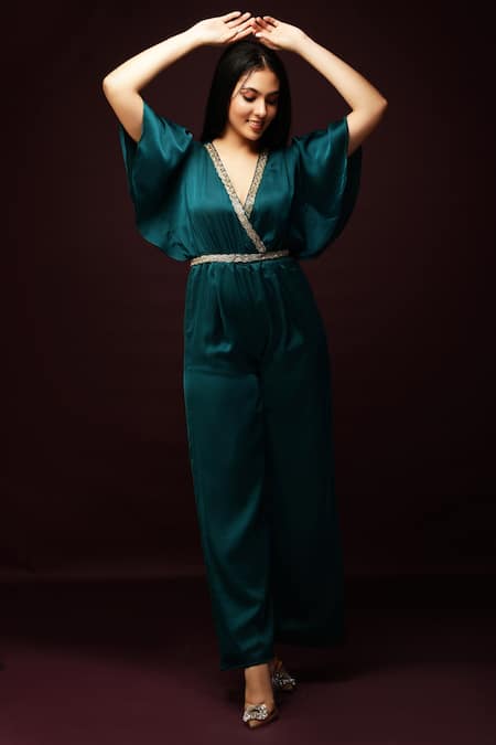 Ranng Label_Green Semi Silk Satin V Neck Neckline Embroidered Jumpsuit _Online_at_Aza_Fashions
