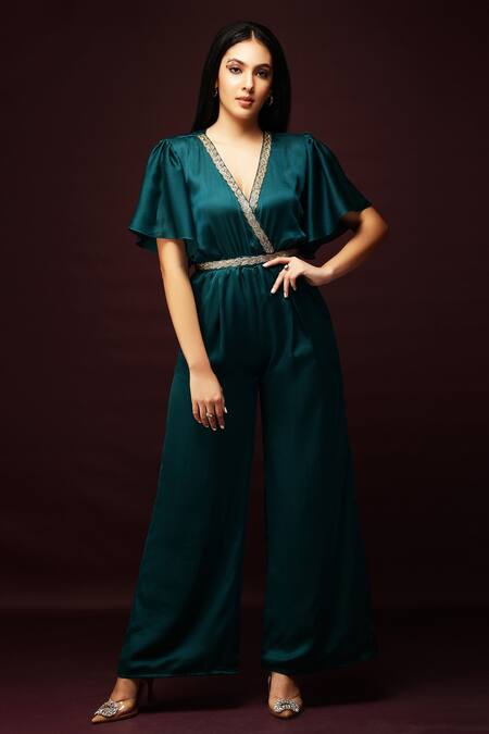 Buy_Ranng Label_Green Semi Silk Satin V Neck Neckline Embroidered Jumpsuit _Online_at_Aza_Fashions