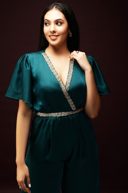 Shop_Ranng Label_Green Semi Silk Satin V Neck Neckline Embroidered Jumpsuit _Online_at_Aza_Fashions