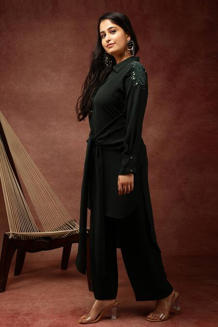 Ranng Label_Green Spun Matty Sequin And Cutdana Spread Collar Tunic & Pant Set _Online_at_Aza_Fashions