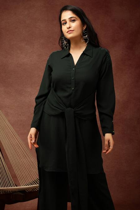 Buy_Ranng Label_Green Spun Matty Sequin And Cutdana Spread Collar Tunic & Pant Set _Online_at_Aza_Fashions