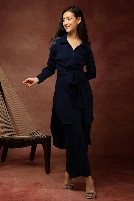 Ranng Label_Blue Spun Matty Sequin And Cutdana Spread Collar Tunic & Pant Set _Online_at_Aza_Fashions