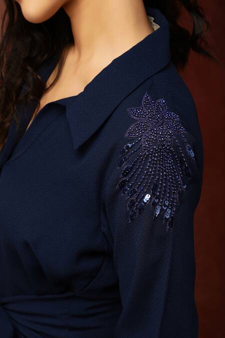 Shop_Ranng Label_Blue Spun Matty Sequin And Cutdana Spread Collar Tunic & Pant Set _Online_at_Aza_Fashions