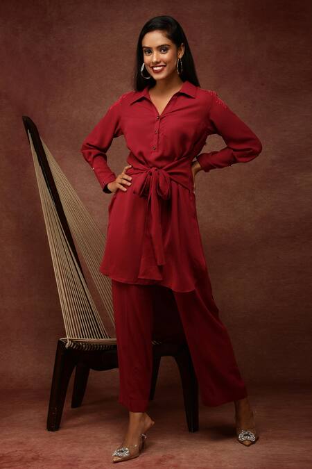 Ranng Label_Pink Spun Matty Sequin And Cutdana Spread Collar Tunic & Pant Set _Online_at_Aza_Fashions