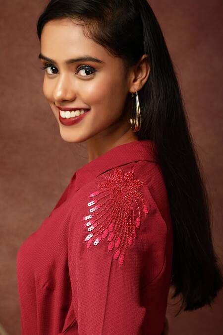 Buy_Ranng Label_Pink Spun Matty Sequin And Cutdana Spread Collar Tunic & Pant Set _Online_at_Aza_Fashions