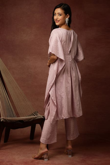 Shop_Ranng Label_Purple Semi Silk Embroidery Thread And Sequin V Neck Kaftan Kurta & Pant Set _at_Aza_Fashions