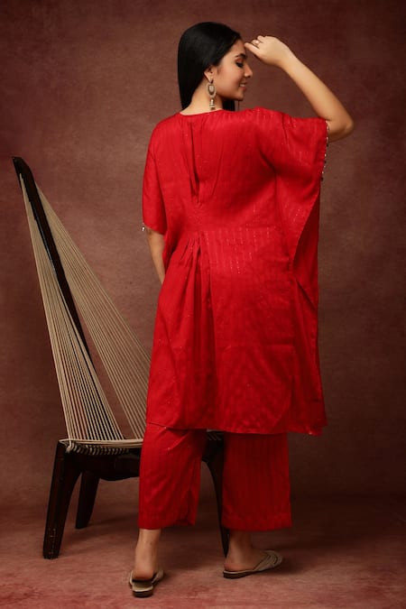 Shop_Ranng Label_Red Semi Silk Embroidery Thread And Sequin V Neck Kaftan Kurta & Pant Set _at_Aza_Fashions