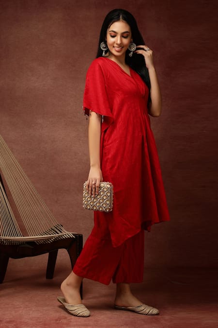Ranng Label_Red Semi Silk Embroidery Thread And Sequin V Neck Kaftan Kurta & Pant Set _Online_at_Aza_Fashions