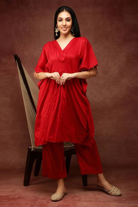 Buy_Ranng Label_Red Semi Silk Embroidery Thread And Sequin V Neck Kaftan Kurta & Pant Set _Online_at_Aza_Fashions