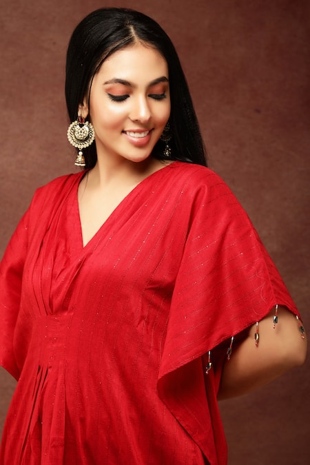 Shop_Ranng Label_Red Semi Silk Embroidery Thread And Sequin V Neck Kaftan Kurta & Pant Set _Online_at_Aza_Fashions