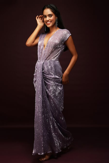 Ranng Label Purple V Neck Embroidered Dress 