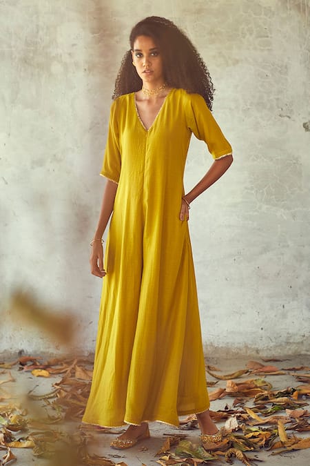 Kharakapas Yellow Cotton Silk Plain V Neck Jumpsuit