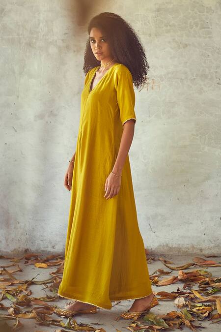 Shop Kharakapas Yellow Cotton Silk Plain V Neck Jumpsuit Online at Aza Fashions Shop_Kharakapas_Yellow Cotton Silk Plain V Neck Jumpsuit _Online_at_Aza_Fashions