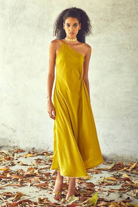 Shop Kharakapas Yellow Cotton Silk Plain Asymmetric One Shoulder Kurta And Pant Set Online at Aza Fashions Shop_Kharakapas_Yellow Cotton Silk Plain Asymmetric One Shoulder Kurta And Pant Set _Online_at_Aza_Fashions