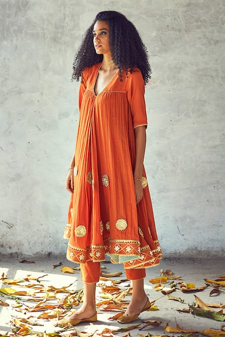 Kharakapas Orange Cotton Mulmul Floral, Gota V Neck Embroidered Anarkali And Pant Set Online at Aza Fashions Kharakapas_Orange Cotton Mulmul Floral, Gota V Neck Embroidered Anarkali And Pant Set _Online_at_Aza_Fashions