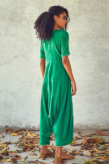 Shop Kharakapas Green Cotton Silk Plain V Neck Jumpsuit at Aza Fashions Shop_Kharakapas_Green Cotton Silk Plain V Neck Jumpsuit _at_Aza_Fashions