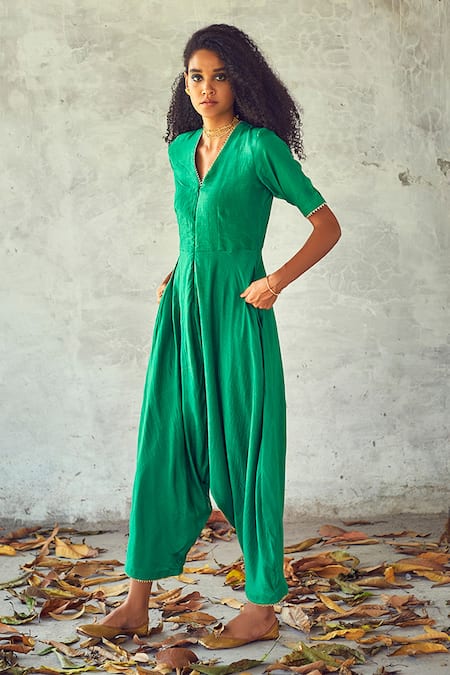 Shop Kharakapas Green Cotton Silk Plain V Neck Jumpsuit Online at Aza Fashions Shop_Kharakapas_Green Cotton Silk Plain V Neck Jumpsuit _Online_at_Aza_Fashions