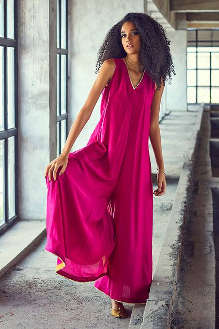 Shop Kharakapas Pink Cotton Silk Plain V Neck Jumpsuit Online at Aza Fashions Shop_Kharakapas_Pink Cotton Silk Plain V Neck Jumpsuit _Online_at_Aza_Fashions