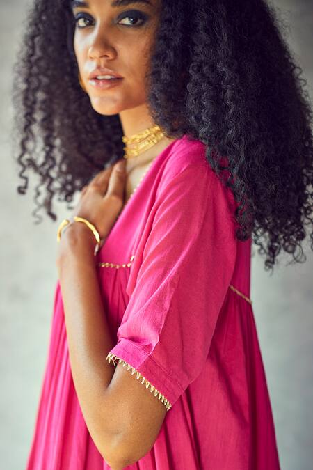 Shop Kharakapas Pink Mulmul Floral, Gota V Neck Poshak Embroidered Anarkali And Pant Set Online at Aza Fashions Shop_Kharakapas_Pink Mulmul Floral, Gota V Neck Poshak Embroidered Anarkali And Pant Set _Online_at_Aza_Fashions